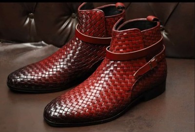 Handmade Red Woven Leather Rounded Strap Jodhpur Boot