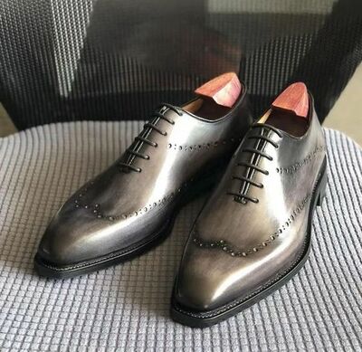 Men's Gray Wingtip Formal Dress Lace Up Formal Shoes Handmade Edition