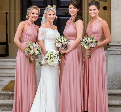 A Line Chiffon Pink Long Bridesmaid Dresses