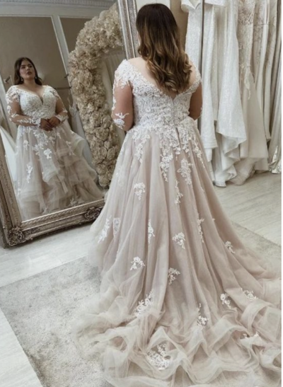 V Neck Wedding Dresses Bridal Gown with Sleeves Plus Size