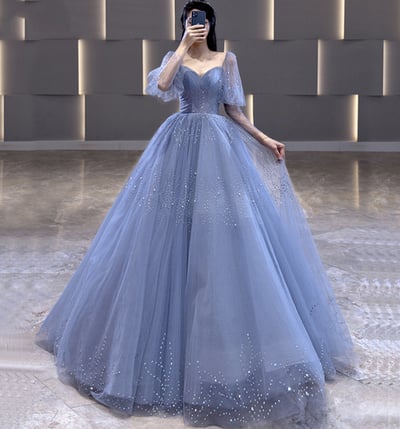 Blue Tulle Long A Line Prom Gown Formal Dress,1671