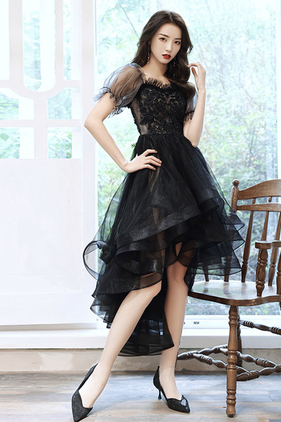 Black tulle lace high low prom dress homecoming dress,1677