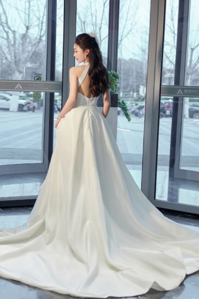 White Satin Long Prom Dress with Slit, Elegant A Line Backless Evening Party Dress KPP1645