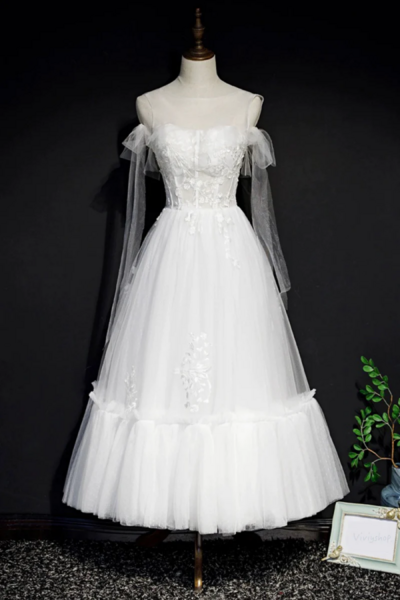 White Lace A Line Tea Length Prom Dress, Simple Wedding Dresses KPP1647