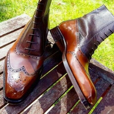 Handmade leather boots tow tone brown grain leather lace up men dress formal wear ankle boots for men