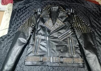 Crafted Leather Women Punk Style Black Studded Leather Jacket Large Spike Sliver Studs