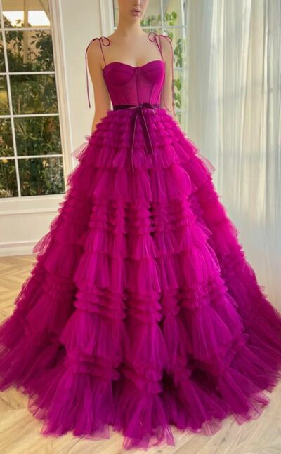Fuchsia Tulle A-Line Ruffles Prom Evening Dress