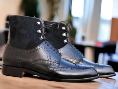 Bespoke Men's Ankle High Black Leather suede Lace Up Wing Tip Boot, Fashion Boot