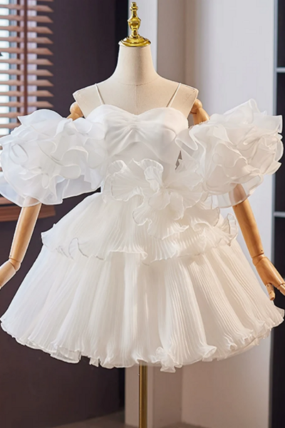 White Sweetheart Neck Organza Short Prom Dress, White Homecoming Dress KPP1649