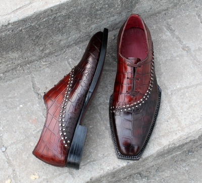 Crafted Leather Luxury Handmade Mens Unique Brown Crocodile Texture Leather Alligator Dress Fashion Shoes