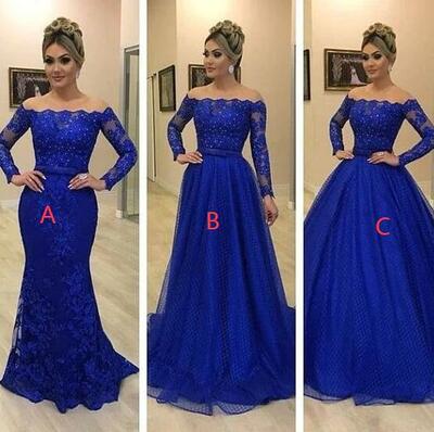 Off shoulder lace royal blue prom dress