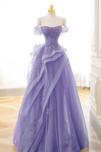 A Line Off Shoulder Tulle Lace Purple Long Prom Dress, Purple Lace Long Formal Dress KPP1651