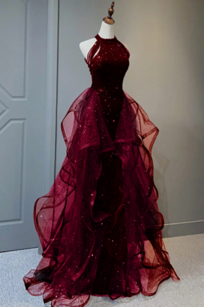 Wine Red Tulle and Sequins New Style Prom Dress, Wine Red Long Evening Dress KPP1653