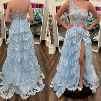 One Shoulder Prom Dresses with Appliques Sky Blue