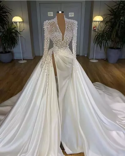 Illusion Pearls Crystal country wedding dresses african long sleeve Side Split Arabic Satin church garden bridal reception gowns