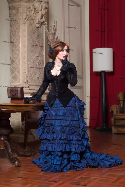 Royal Blue Black Goth Victorian Bustle Wedding Gown Velvet Taffeta Lace-up Back Corset Top Gothic Country Bridal Dress