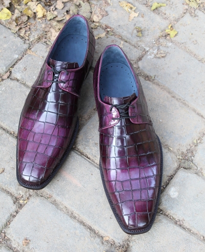 Crafted Leather Luxury Purple Patina Black Shaded Crocodile Oxford Lace up Dress Alligator Shoes For Men