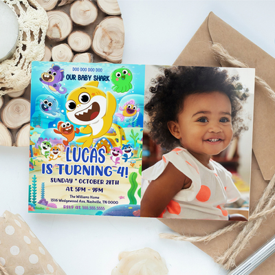 Baby Shark Birthday Invitation with Photo Canva Editable and Printable