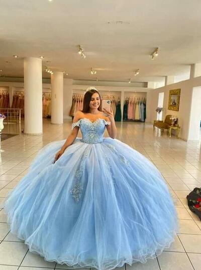 Off Shoulder Stunning Blue Lace Appliques Tulle Prom Dresses