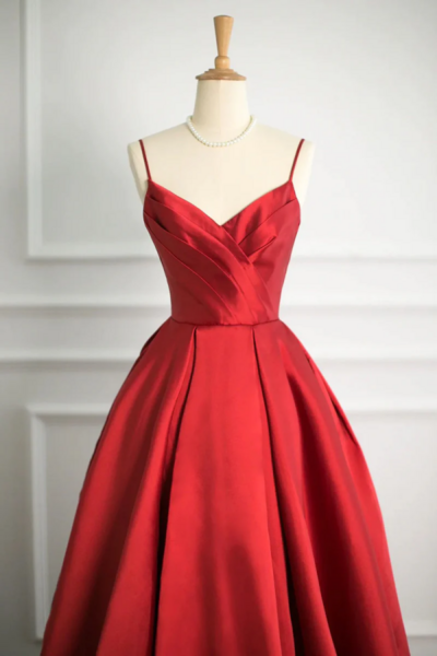 Red V Neck Satin Long A Line Prom Dress, Simple A Line Backless Evening Party Dress KPP1654