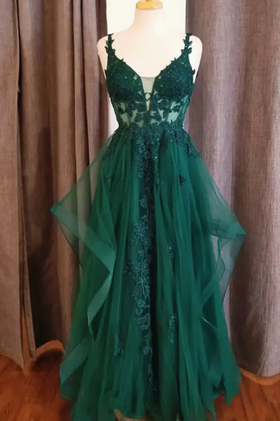 Green Tulle V Neck Long Prom Dress with Lace, V Neck Long Green Lace Formal Evening Dress KPP1656