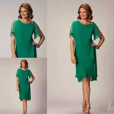 Simple Green Knee Length Mother of the Groom Dress Short Sleeve Crystal Wedding Guest Ladies Prom Party Gown