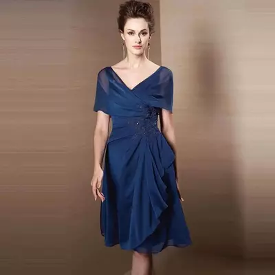 Elegant Mother Of The Bride Dress Chiffon A Line Double V Neckline Short Sleeves Godmother Wedding Party Gowns