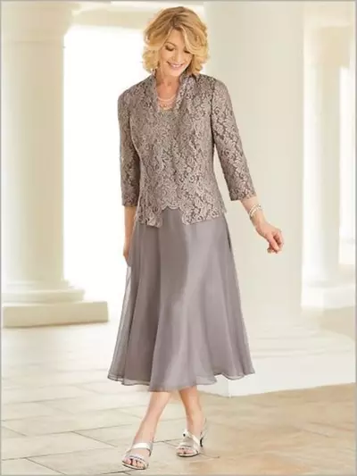 Beauty Gray Two Piece Evening Mother Of The Bride Dresses A Line Chiffon Mother Dresses For Weddings With Lace Coat