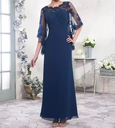 Navy Blue Mother of the Bride Dress O-Neck Chiffon A-Line Cape Half Sleeve Lace Applique Formal Wedding Evening Mother Gowns