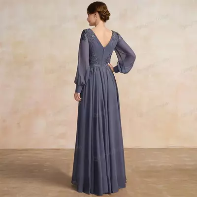 Classic A-Line Lace Appliques Mother of the Bride Dresses Full Sleeve Long Prom Gown Simple Chiffon Draped Bridal Mom Dress