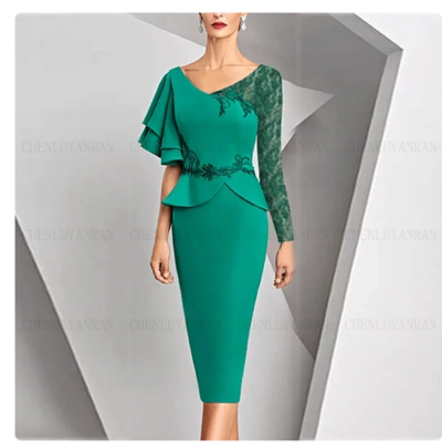 Green Mother Of The Bride /Groom Dresses Sheath V-neck Long Sleeves Jersey Appliques Lace Beading Bride Mother Beautiful Dress