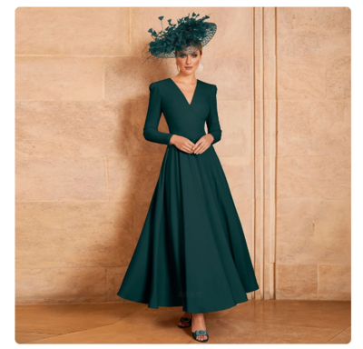Green Mother of the Bride /Groom Dresses V-Neck A-Line Sexy Wedding Guest Gowns Long Sleeves Elegant Dress Women For Wedding Party
