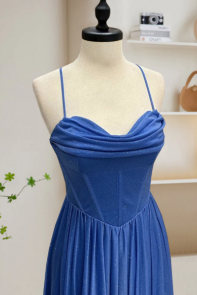 A Line Sweetheart Neck Blue Long Prom Dress, Backless Blue Long Evening Dress KPP1657