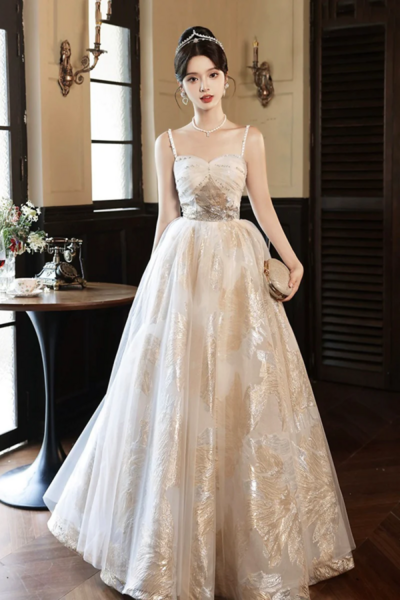 Champagne Spaghetti Strap Tulle Formal Dress, A Line Sweetheart Neck Evening Party Dress KPP1659