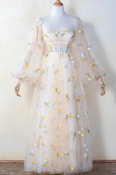 Light Champagne Floral Tulle Long Party Dress, A Line Long Sleeves Prom Dress KPP1661