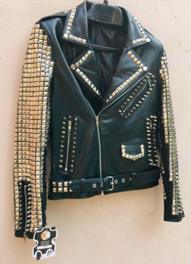 Crafted Leather New Men's Black Full Silver Star Golden Studded Brando Belted Cow Biker Leather Jacket