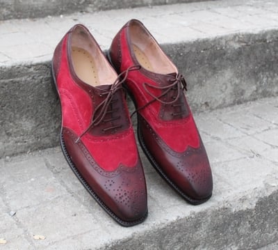 Crafted Leather Brown and Red Suede Contrast Wingtip Dress Oxford Shoes