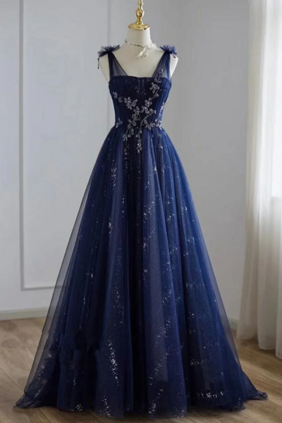 A Line Navy blue Tulle Beaded V Neckline Party Dress, Navy Blue Shiny Tulle Prom Dress KPP1663