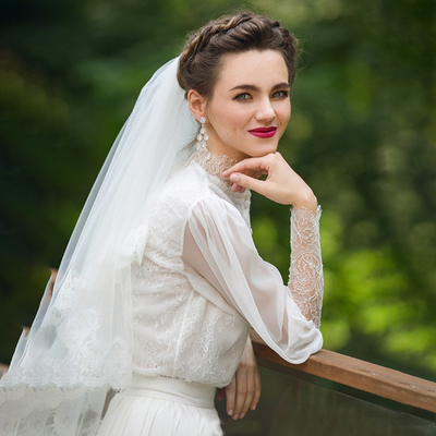 Victorian Silk Chiffon Wedding Dress Vintage Frence Lace A Line Customize High Neck Photography Long Lantern Sleeves Bridal Gown,1686