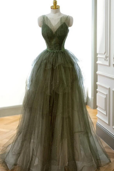 Green Tulle Layers Beaded Long Party Dress, A Line Green Evening Dress Prom Dress KPP1665