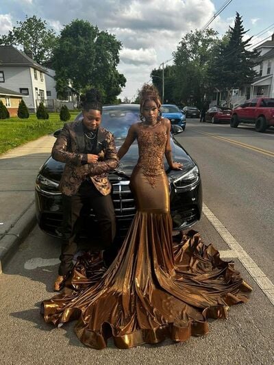 Mermaid Brown Lace Appliques African Prom Dress Evening Gowns