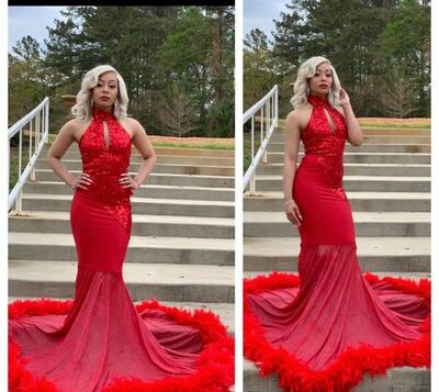 Red Lace Appliques Sequins Lace African Prom Dress Evening Gowns