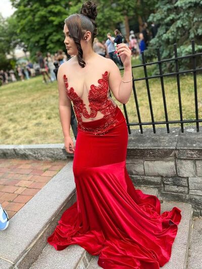 Red Mermaid Lace Appliques African Prom Dress Evening Gowns