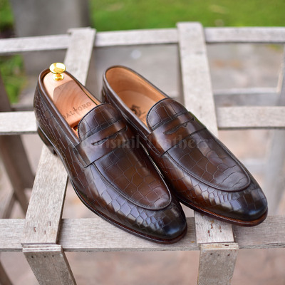 Premium leather loafers brown crocodile impression leather moccasins dress shoes for men custom made on orders