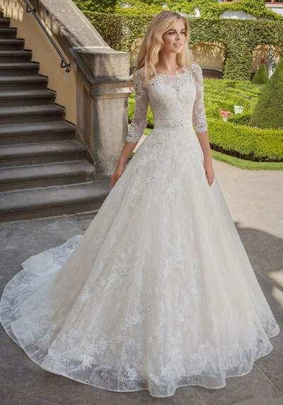 Charming off white wedding dresses,3/4 sleeves bridal dresses,lace a line wedding dress with long train,989