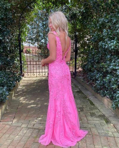 Charming Mermaid V Neck Pink Long Prom Dresses with Lace,993