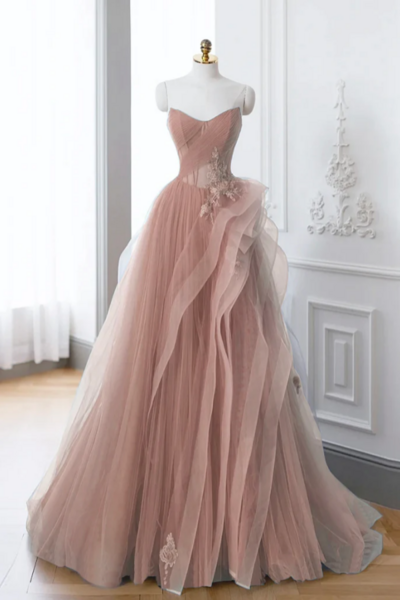Pink A Line Off Shoulder Long Prom Dress, Pink Lace Long Evening Dress KPP1669