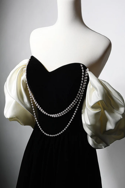 A Line Velvet Tea Length Black Prom Dress, Tea Length Black Formal Dress KPP1670