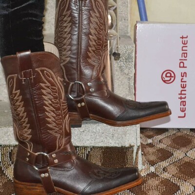 Crafted Leather Classic Handmade Men Buckle Caved Cowboy Ankle Boot