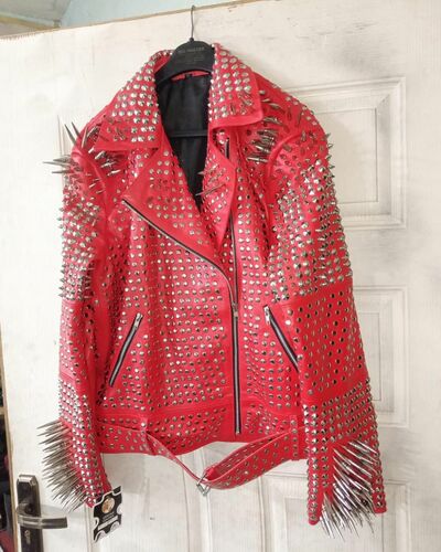 Crafted Leather Classy Red Leather Gothic Studded Jacket with Silver Studs and Spikes